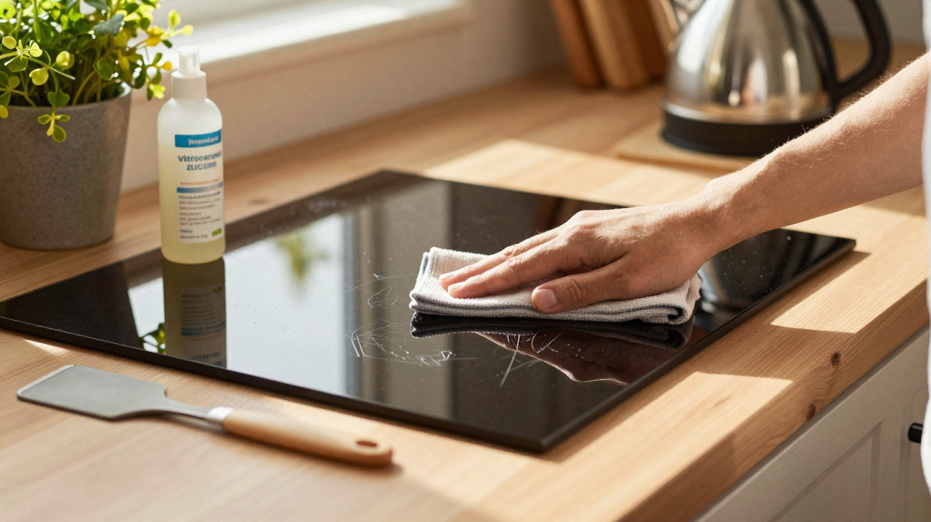 Person cleaning black glass stovetop with cloth on wooden kitchen counter beside plant and kettle