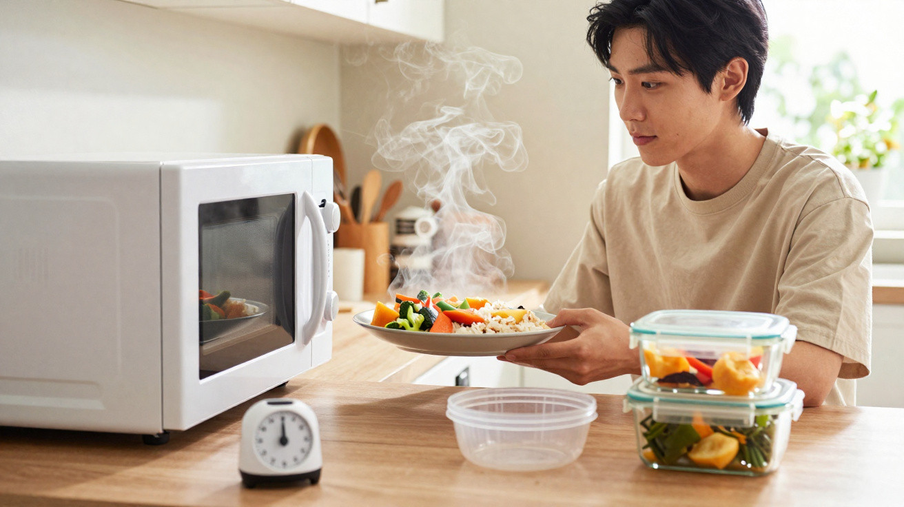 Man taking steaming hot meal from microwave in bright kitchen with plastic food containers on table