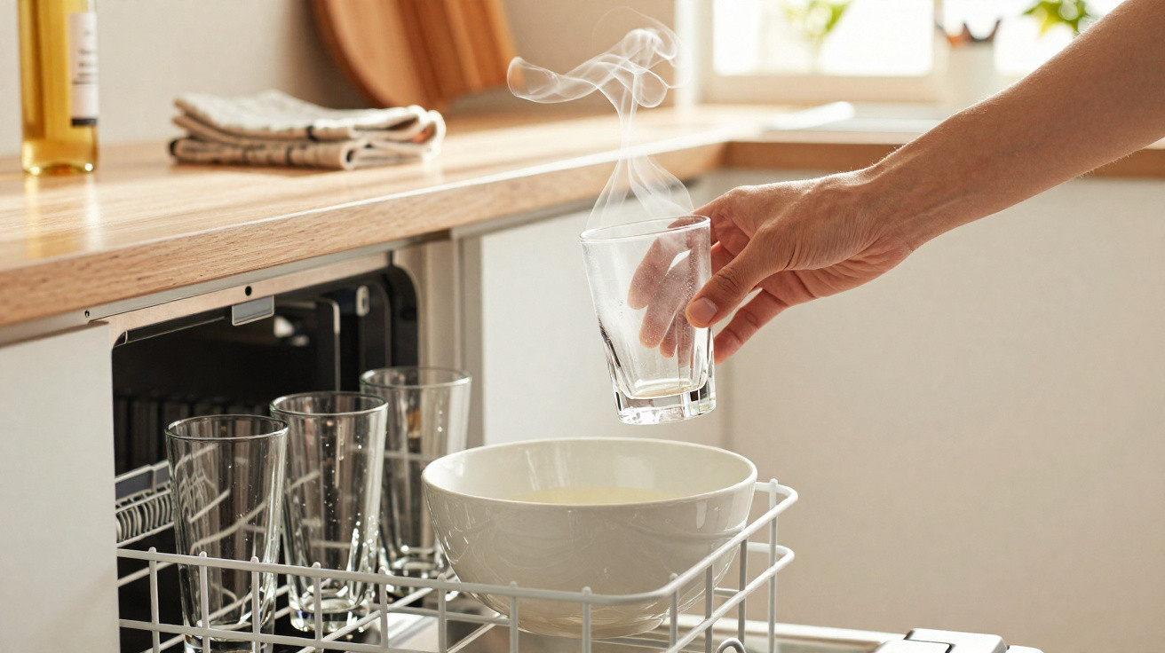 Hand placing a steaming glass into an open dishwasher with glasses and a bowl inside.