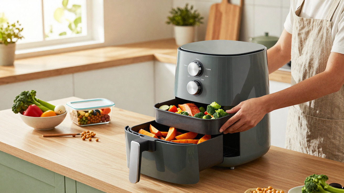 Person placing a tray of vegetables and salmon into a grey air fryer on a kitchen counter.