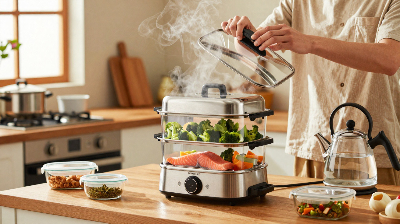 Person lifting lid of steaming electric food steamer with vegetables and salmon inside on kitchen counter.