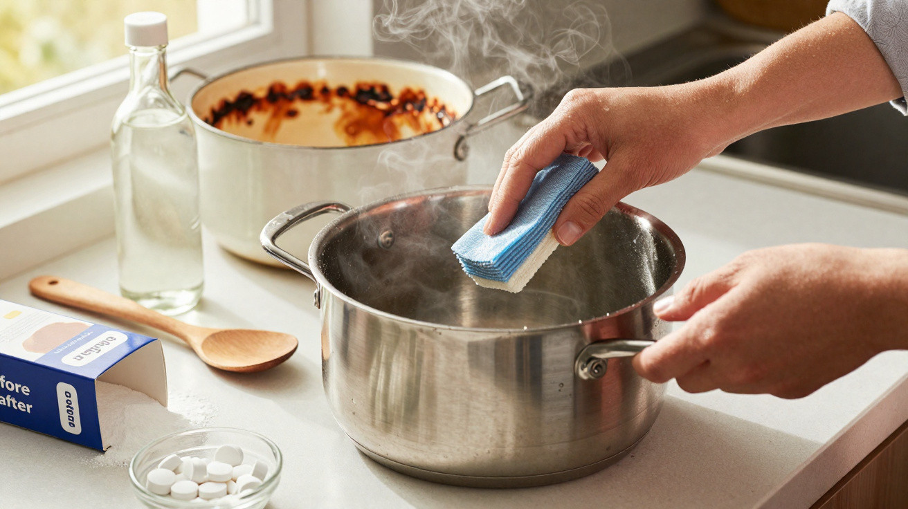 Hands scrubbing a steaming stainless steel pot with a blue sponge on a kitchen countertop.