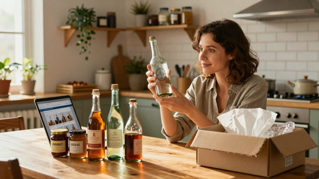 Woman unpacking bottles and jars from a box in a sunlit kitchen, comparing to images on a laptop screen.