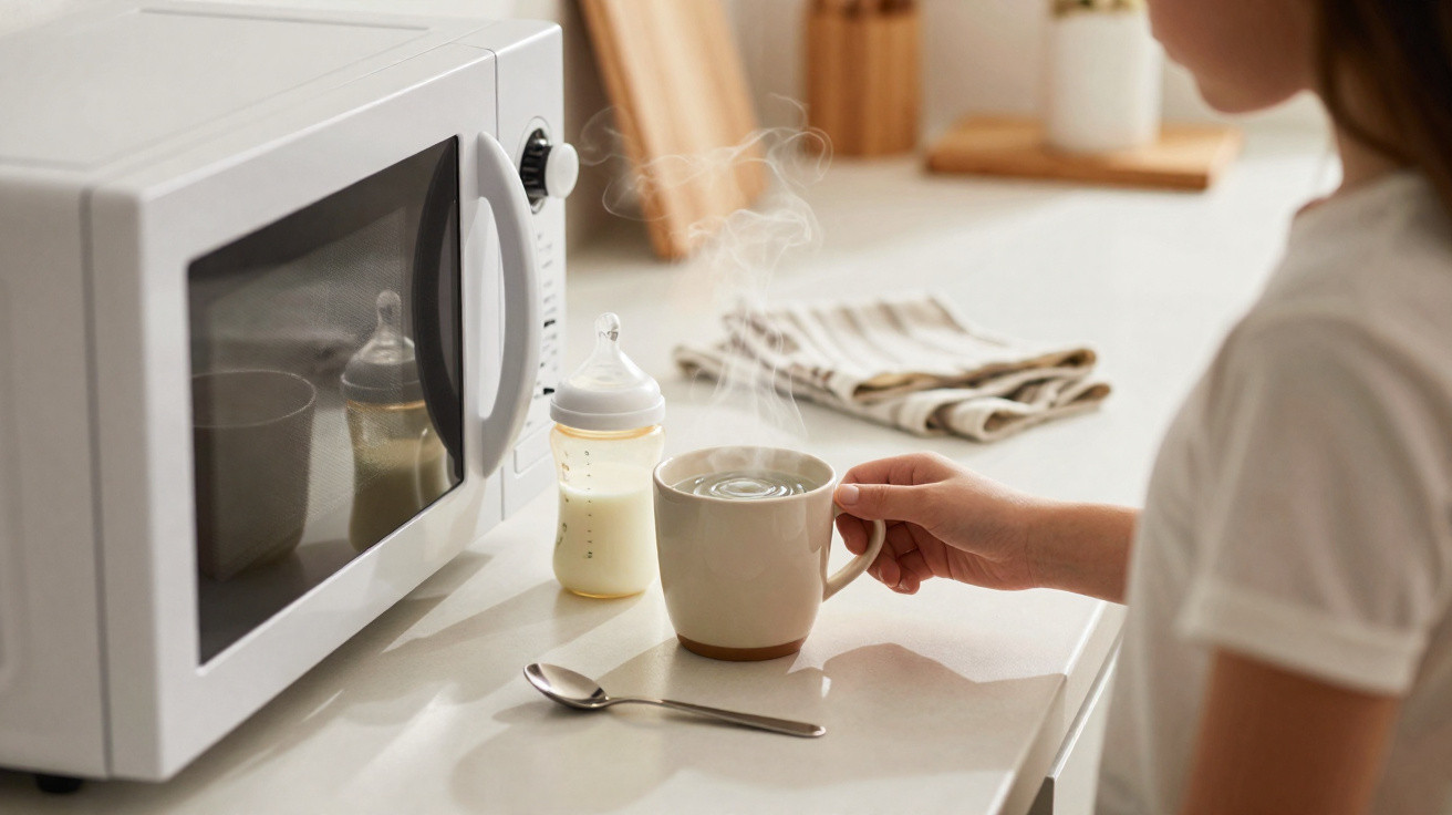 Person holding a steaming cup near a microwave, baby bottle, spoon, and kitchen towels on a countertop.