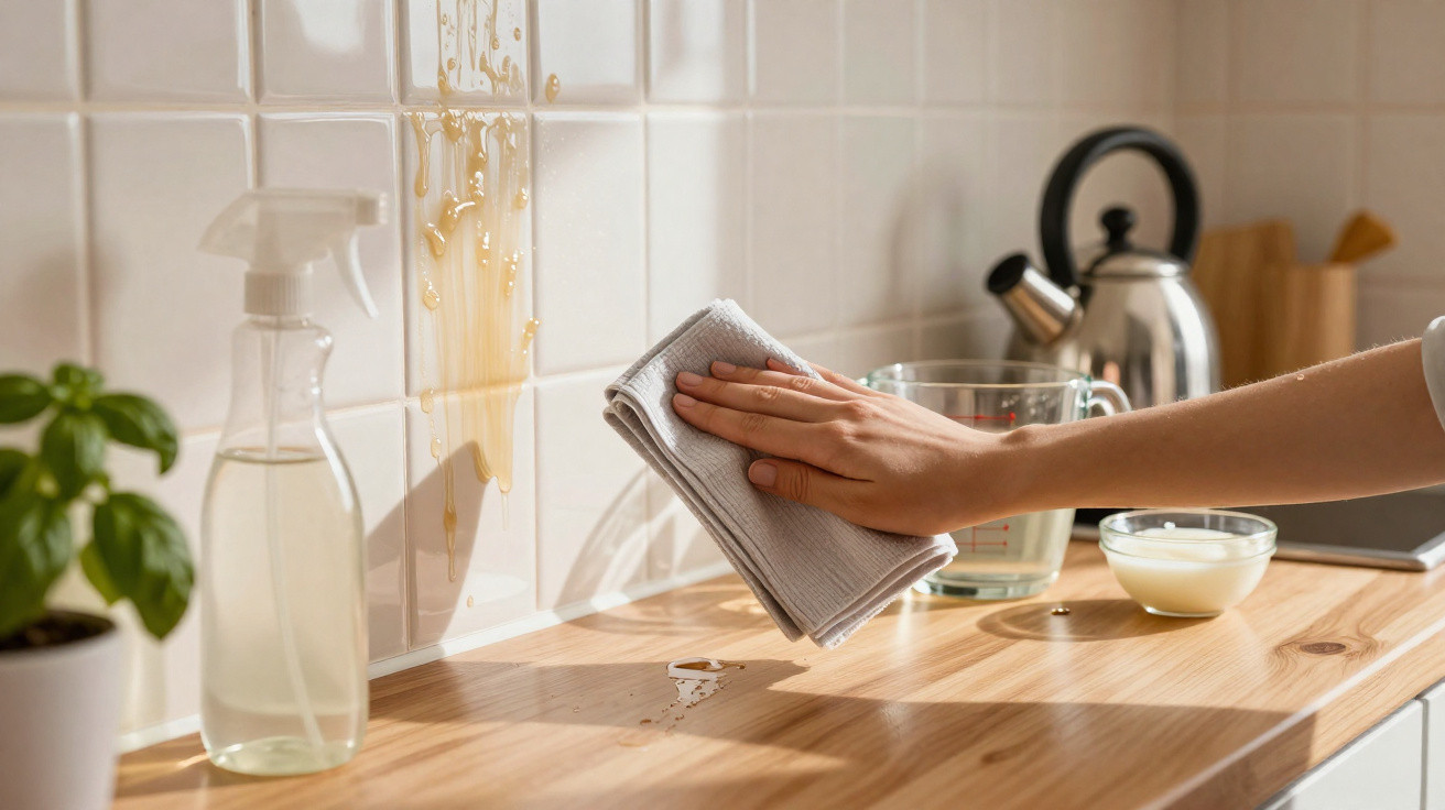 Hand wiping spilled liquid on kitchen countertop with cloth, next to spray bottle, kettle, and glass jug.