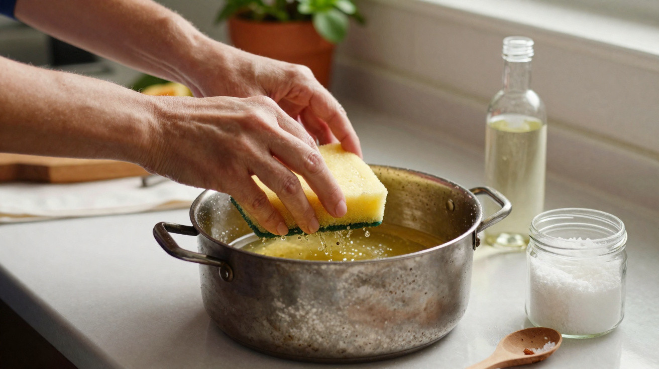 Hands wringing water from a yellow sponge over a metal pot on a kitchen counter next to oil and salt jars.