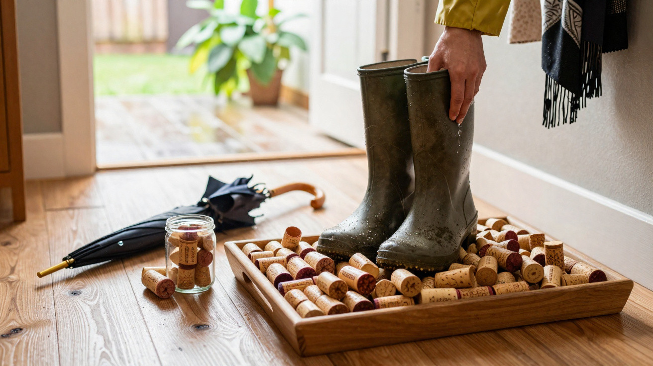 Person placing wet Wellington boots on a tray filled with wine corks by a doorway with an umbrella nearby.