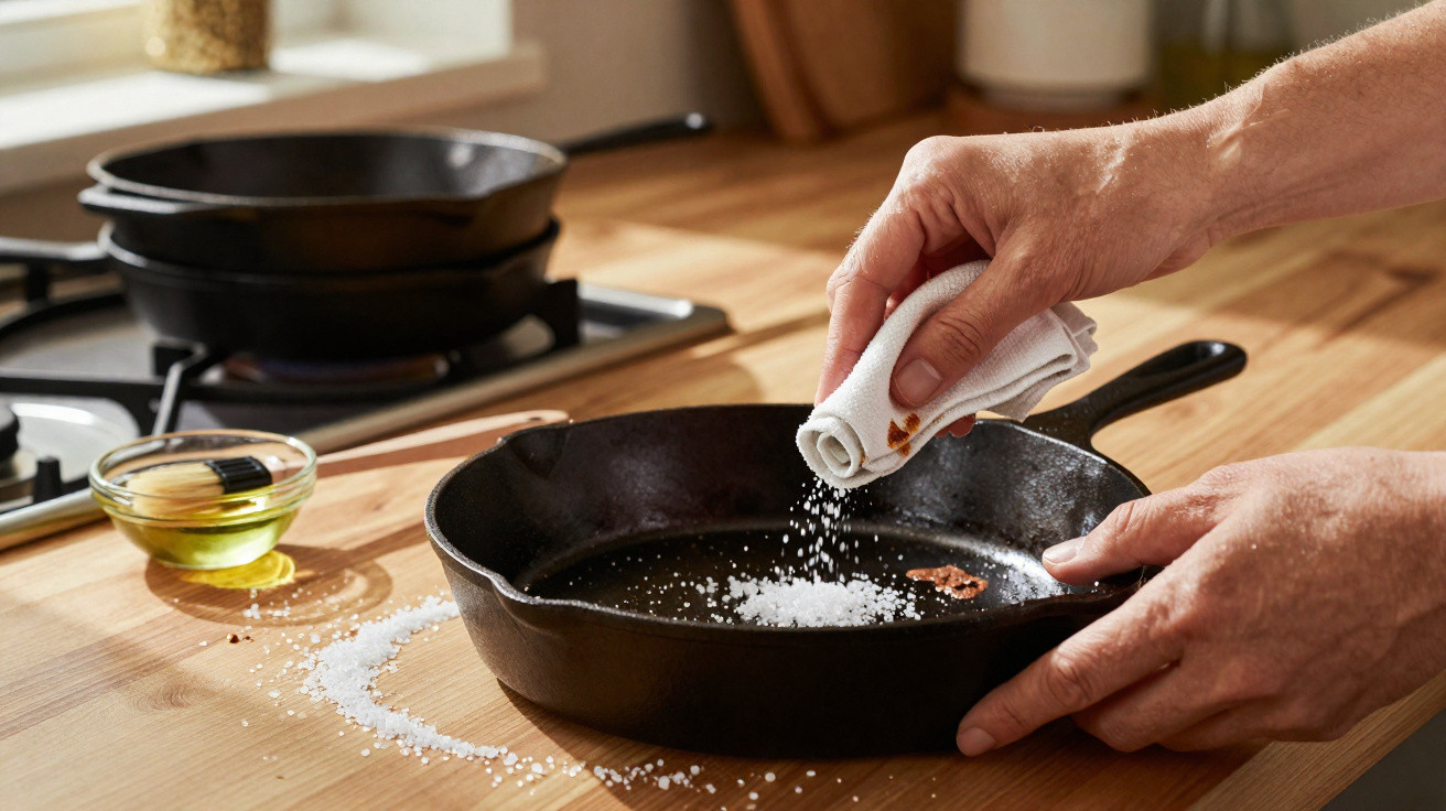 Person sprinkling salt into a cast iron skillet on a wooden kitchen countertop with pans and oil nearby.