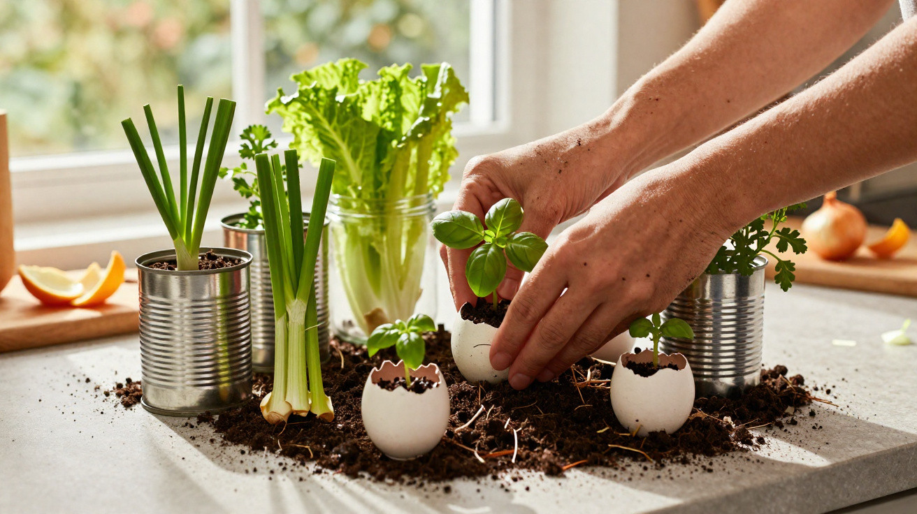 Hands planting basil seedlings in eggshells surrounded by spring onions and lettuce in tins on a kitchen counter.