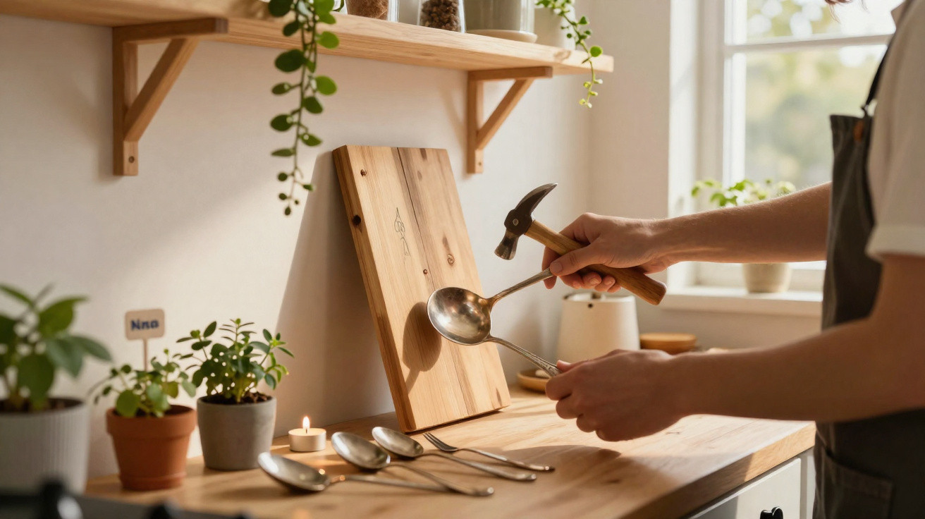 Person using a hammer to shape a metal spoon on a wooden workbench in a sunlit room with plants.
