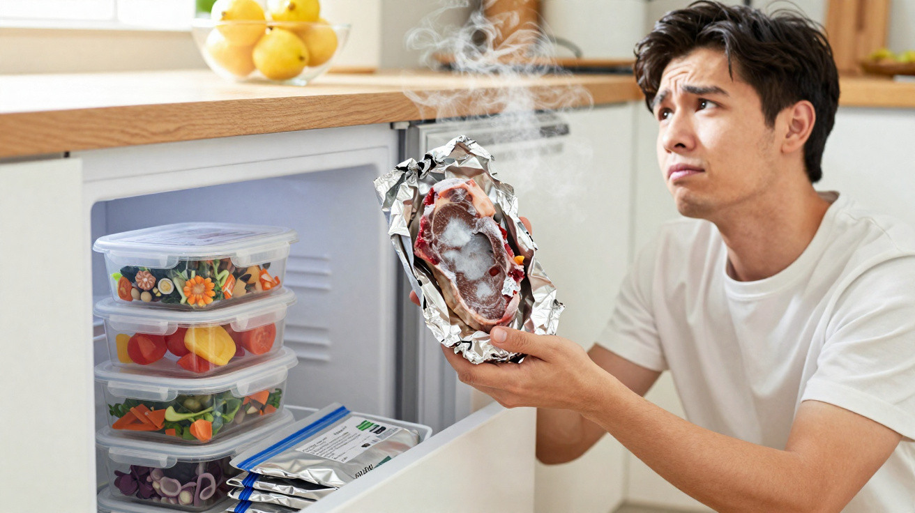Man holding mouldy, steaming meat wrapped in foil in front of an open freezer with fresh vegetables inside.