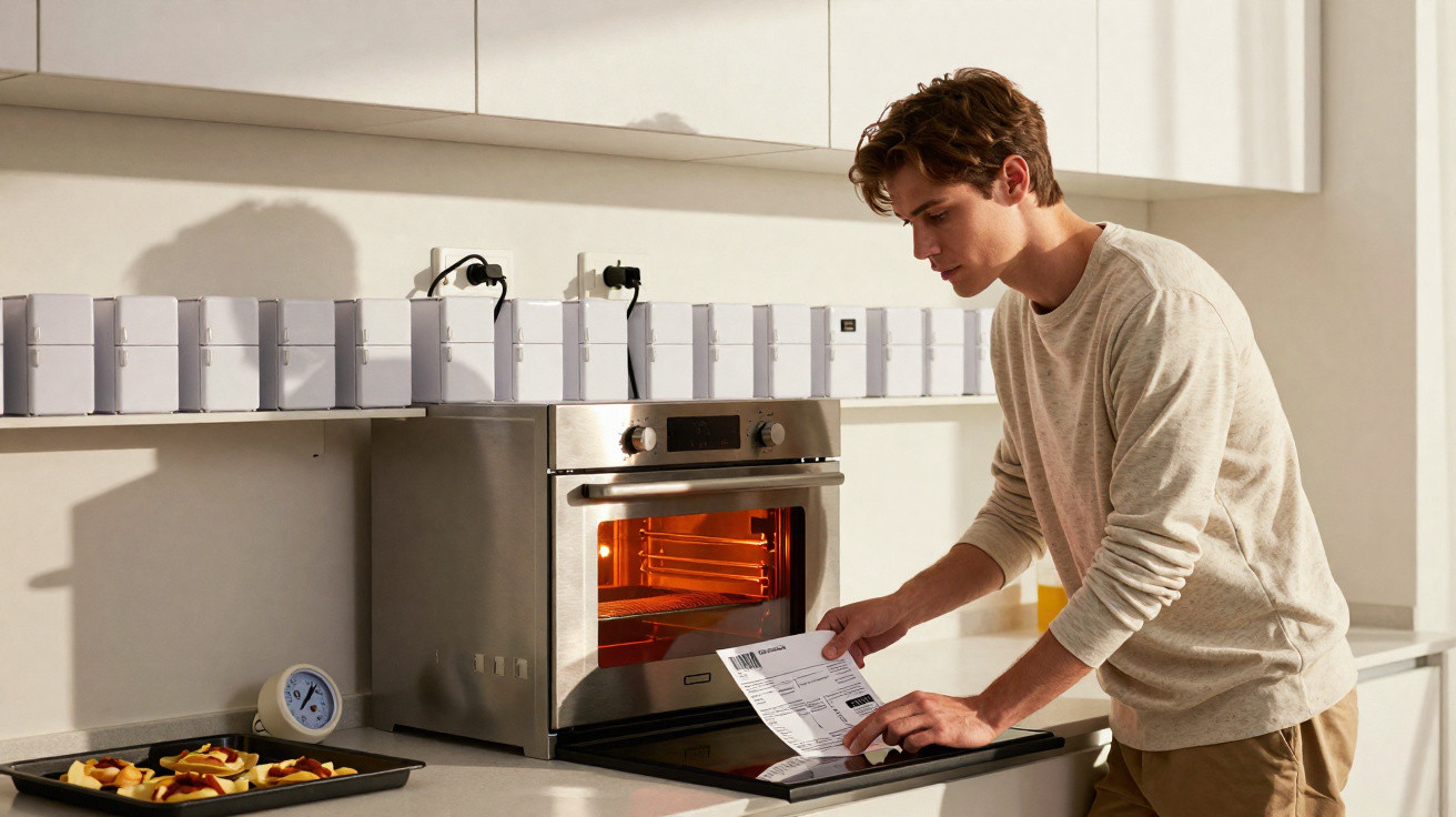 Young man placing document inside a countertop stainless steel oven in a modern kitchen.