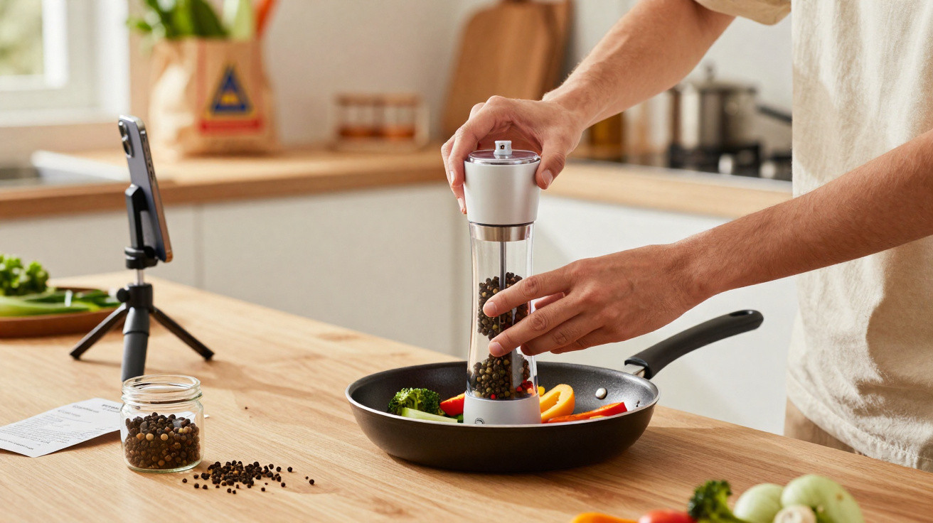 Person grinding black pepper onto vegetables in a frying pan on a wooden kitchen counter with a smartphone on a tripod nearby