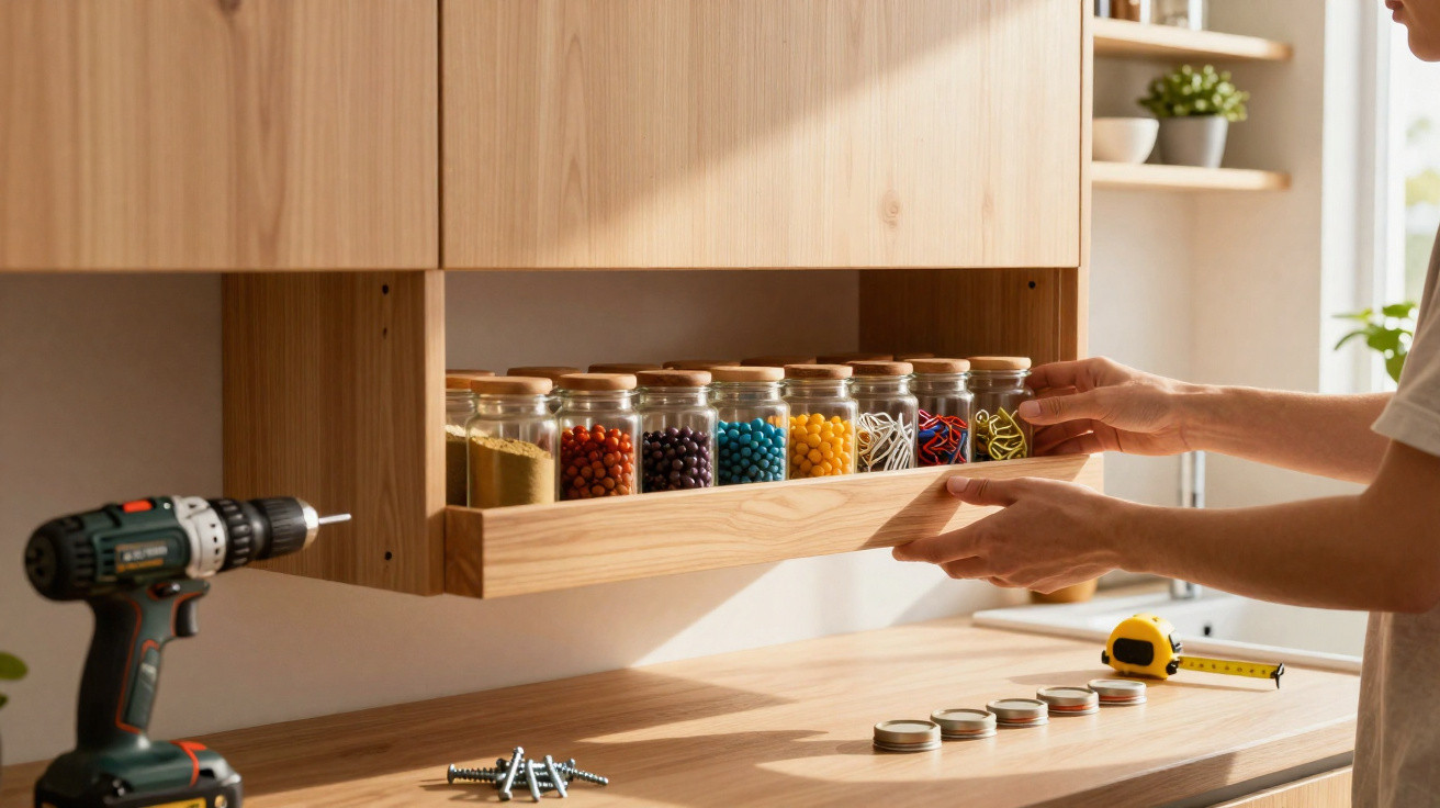 Person organising colourful small items in glass jars on a sliding wooden kitchen cabinet shelf.