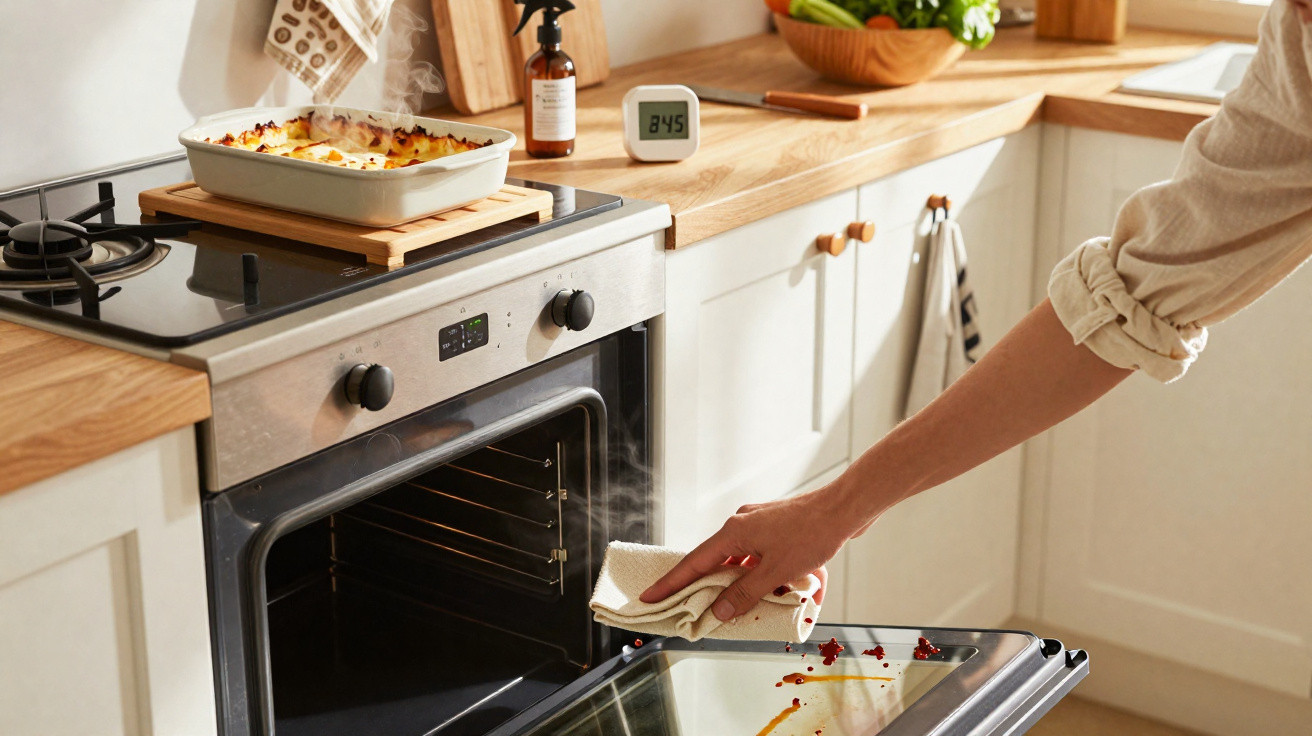 Person cleaning the oven door while a baked dish steams cooling on the hob in a modern kitchen.