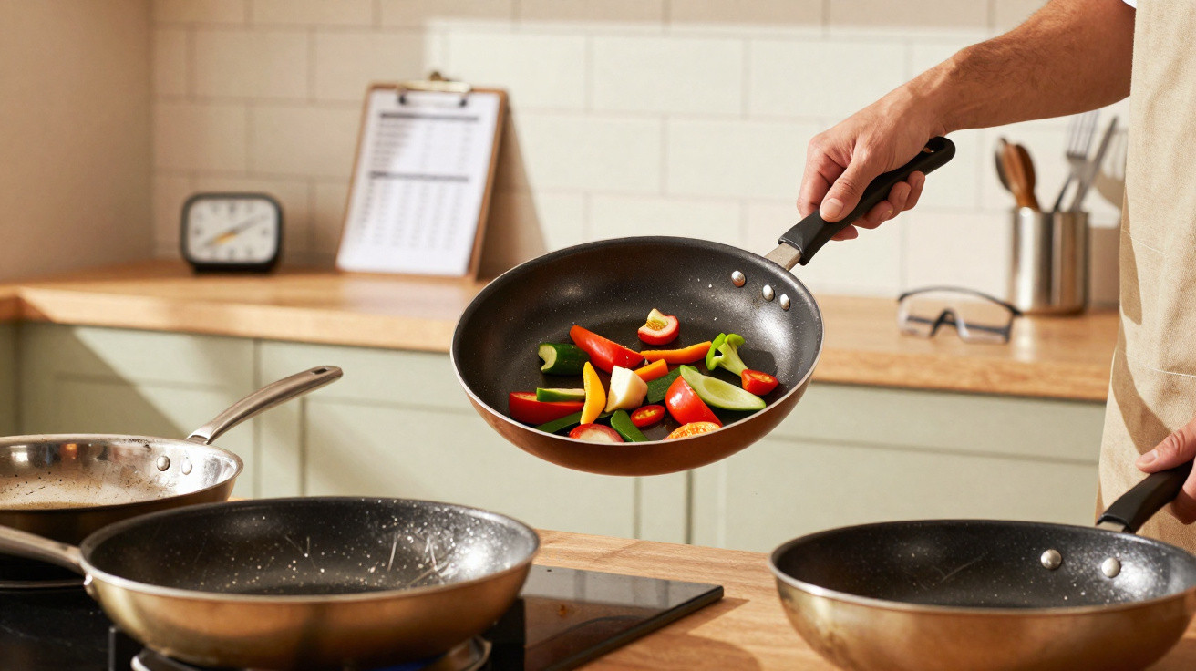 Hand holding frying pan tossing colourful sliced vegetables over stove in a modern kitchen.