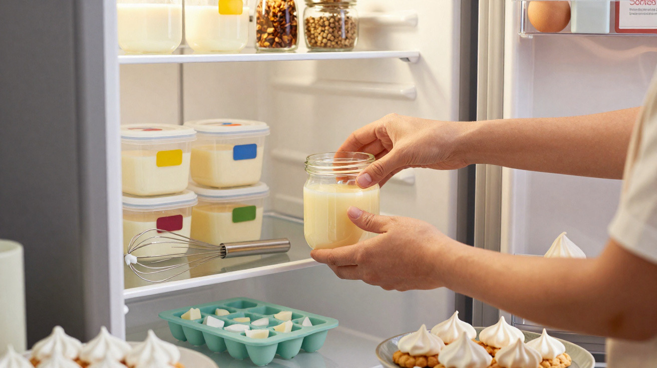 Person placing a jar of custard into a fridge with containers, an ice cube tray, and meringue-topped desserts nearby.