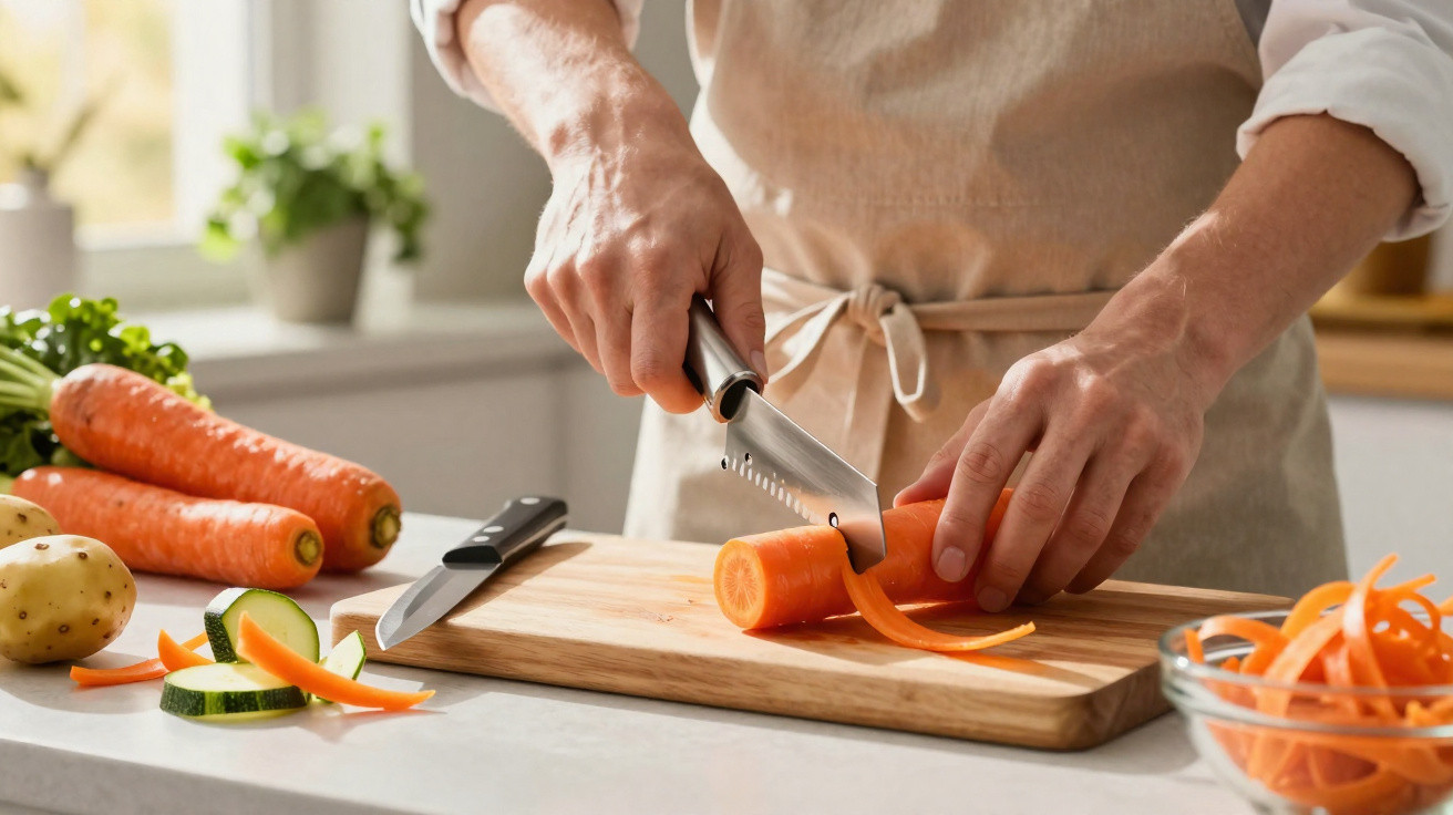 Person peeling a carrot on a wooden chopping board in a bright kitchen with fresh vegetables nearby.