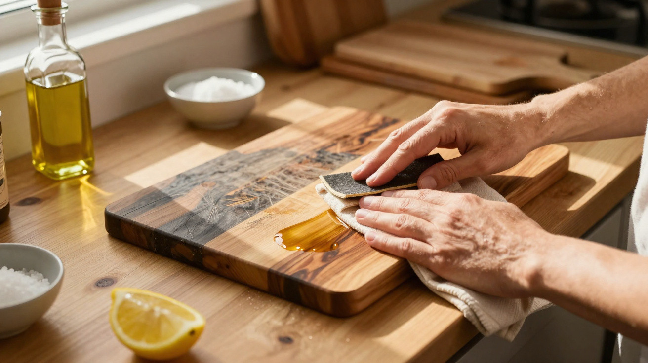 Person cleaning a wooden chopping board with a cloth and scrubber on a kitchen counter.