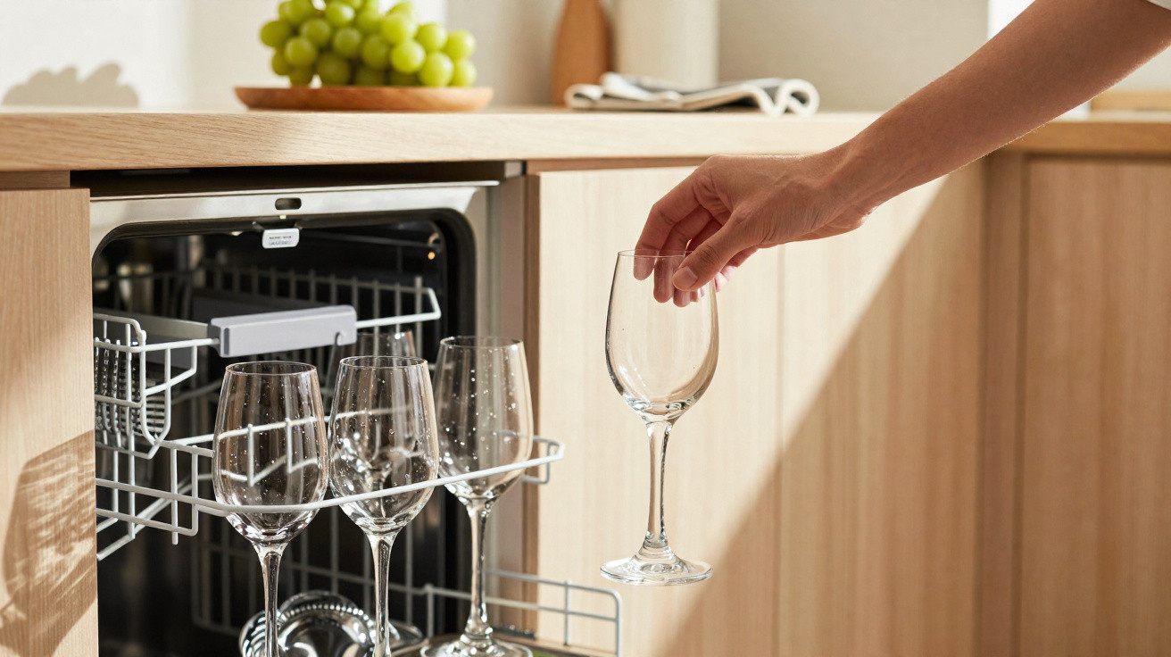 Person's hand loading clean wine glasses into an open dishwasher in a modern kitchen.