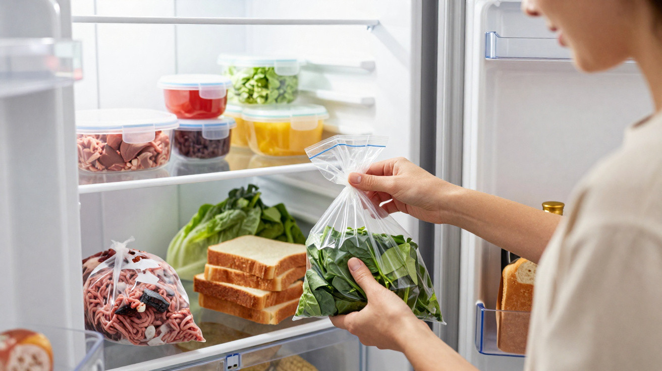 Person placing bag of fresh spinach into fridge with organised containers and sliced bread inside.