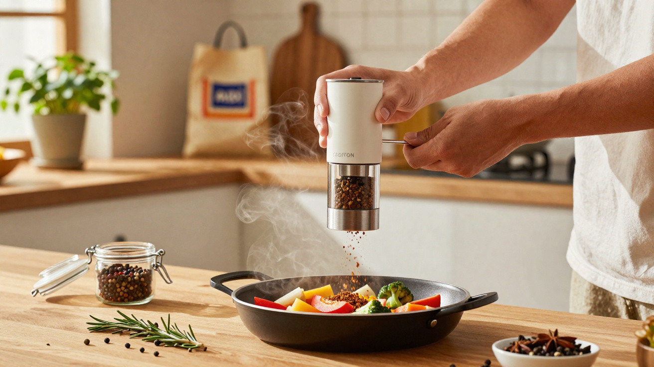 Person grinding fresh pepper over a steaming vegetable stir-fry in a black pan on a wooden kitchen counter.