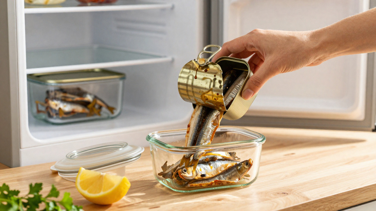 Hand pouring sardines from an open tin into a glass container on a kitchen counter next to lemon wedges.
