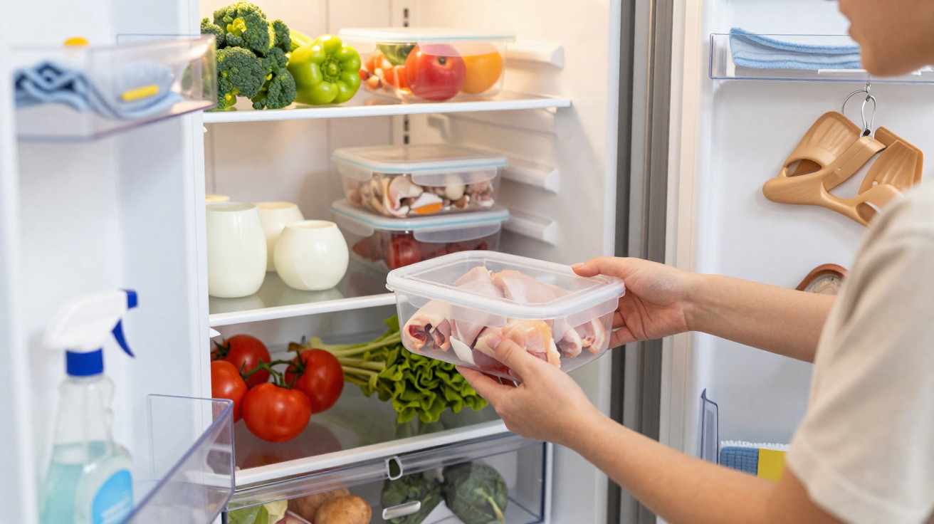 Person placing clear container of raw chicken drumsticks into refrigerator with vegetables and dairy inside