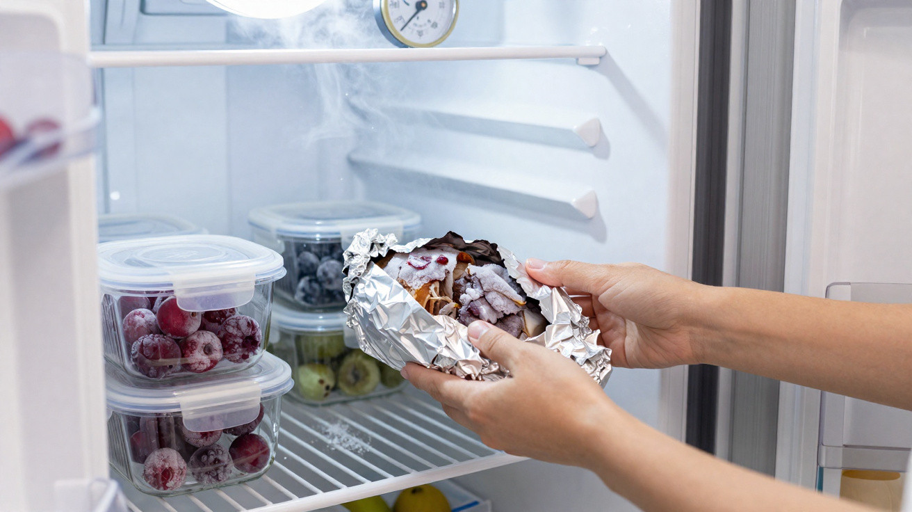 Hands holding a steaming foil-wrapped dish inside a fridge with frozen fruit containers on the shelves.