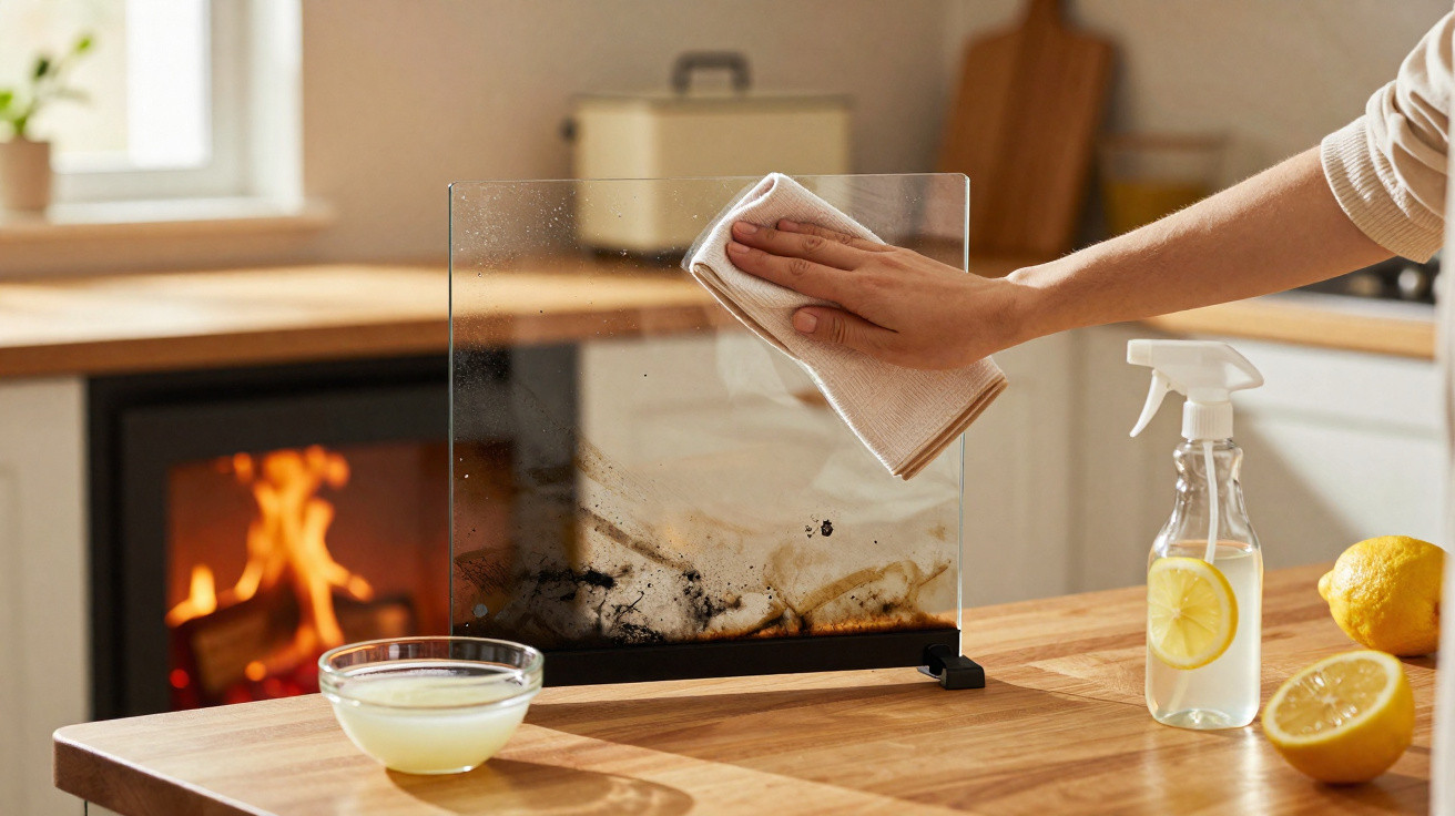 Hand cleaning soot off a glass fireplace screen with a cloth, lemon cleaning spray and lemons on wood surface nearby.