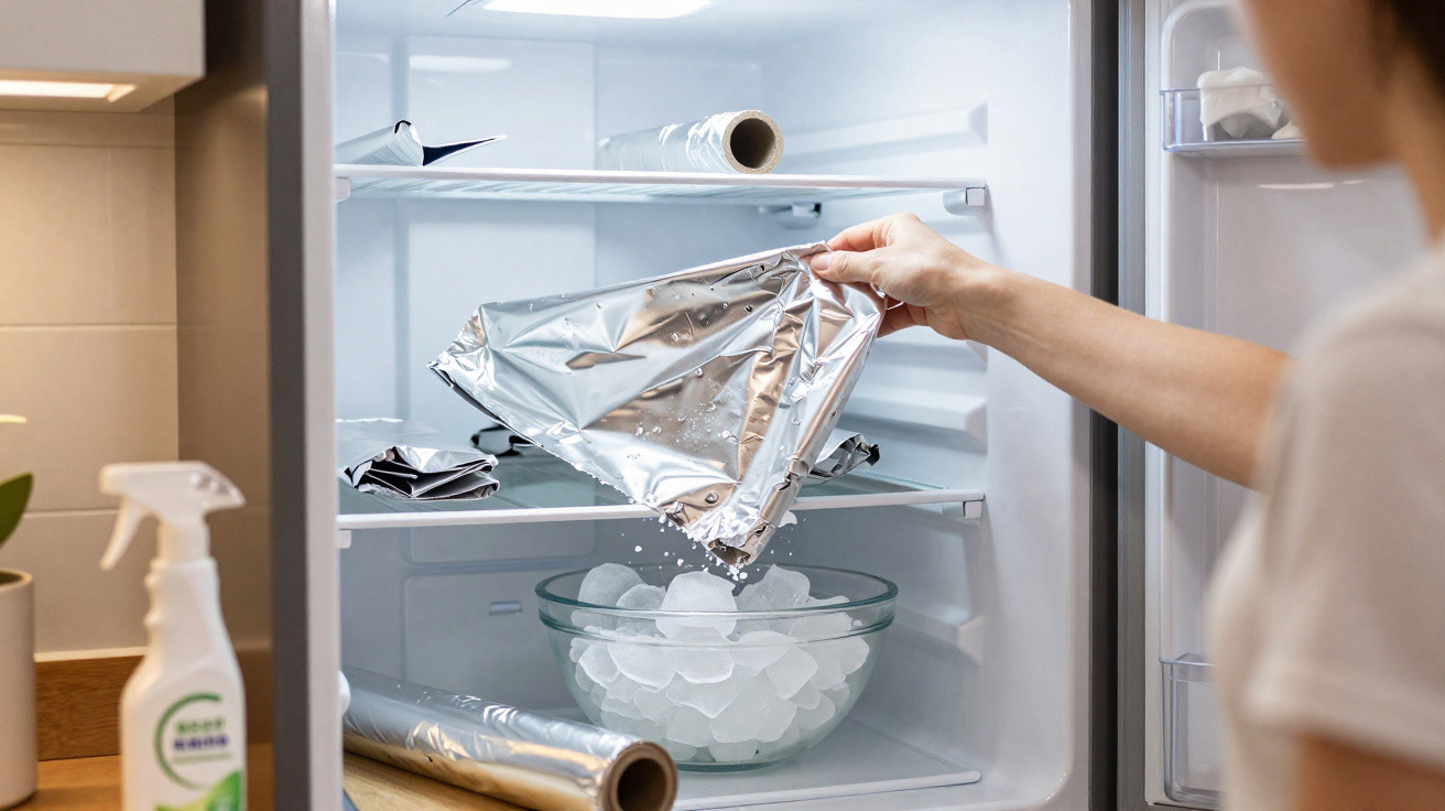 Person sprinkling salt from aluminium foil into a bowl of ice inside an open refrigerator.