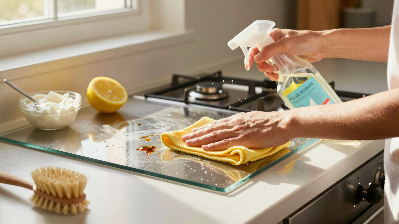 Person cleaning a kitchen stovetop glass surface with spray cleaner and yellow cloth by a window.