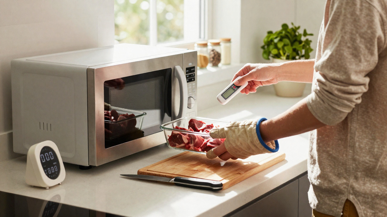 Person using a digital thermometer to check temperature of raw meat near microwave in a kitchen.
