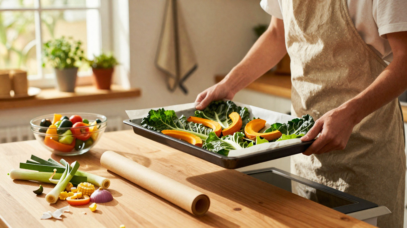 Person holding a tray with sliced pumpkin and greens in a kitchen with fresh vegetables on the table.