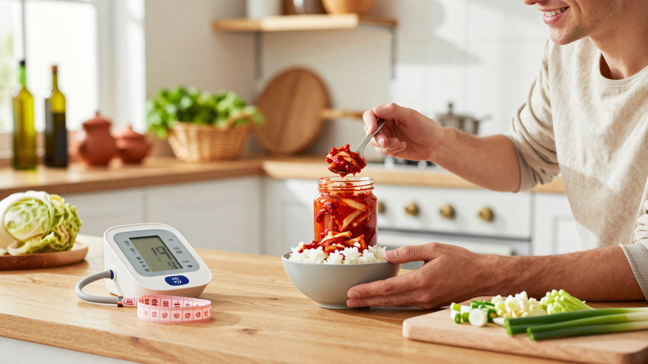 Person serving kimchi onto rice bowl in kitchen with blood pressure monitor and measuring tape on table