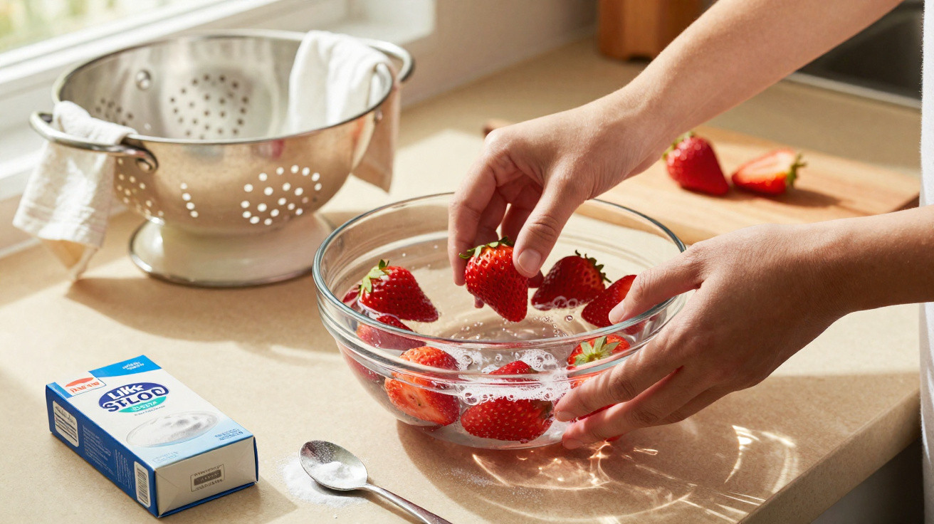 Hands washing strawberries in a glass bowl of water on a kitchen counter with a colander, cream container, and spoon nearby.