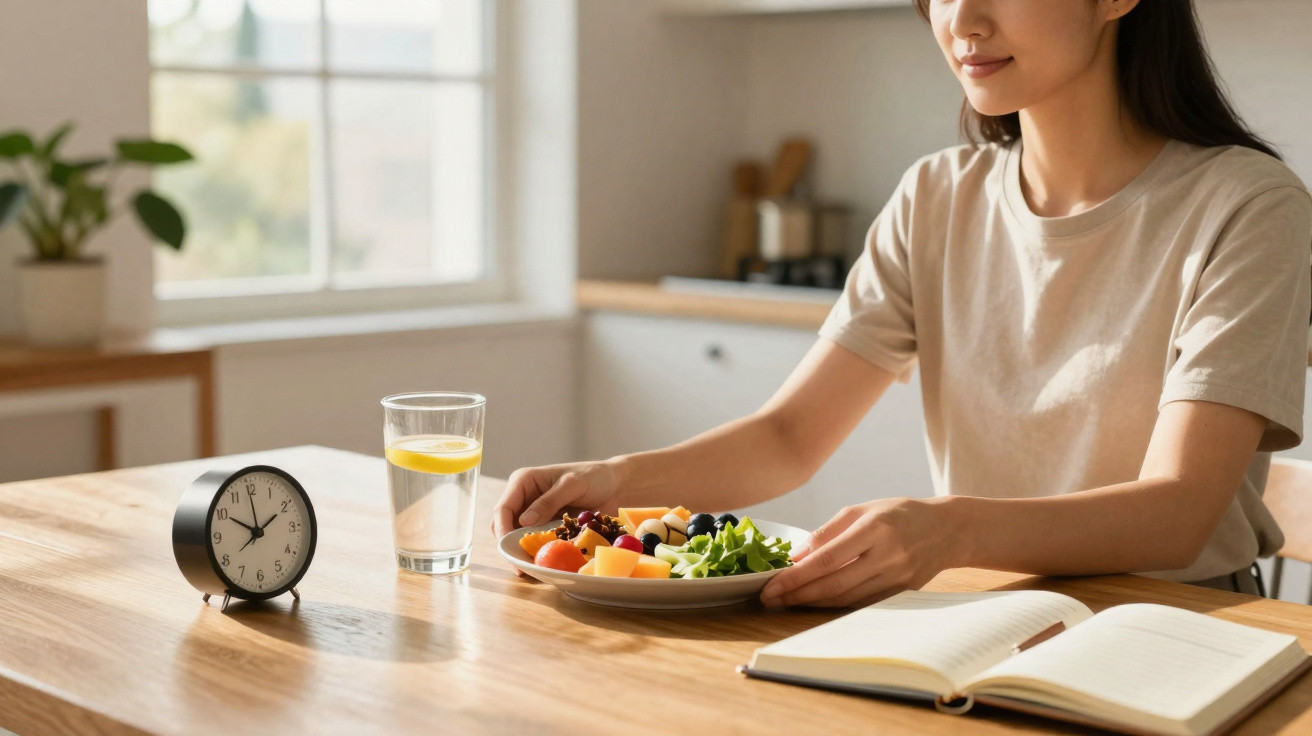 Woman sitting at a wooden table with a plate of fruit and salad, a glass of lemon water, a clock, and an open book.