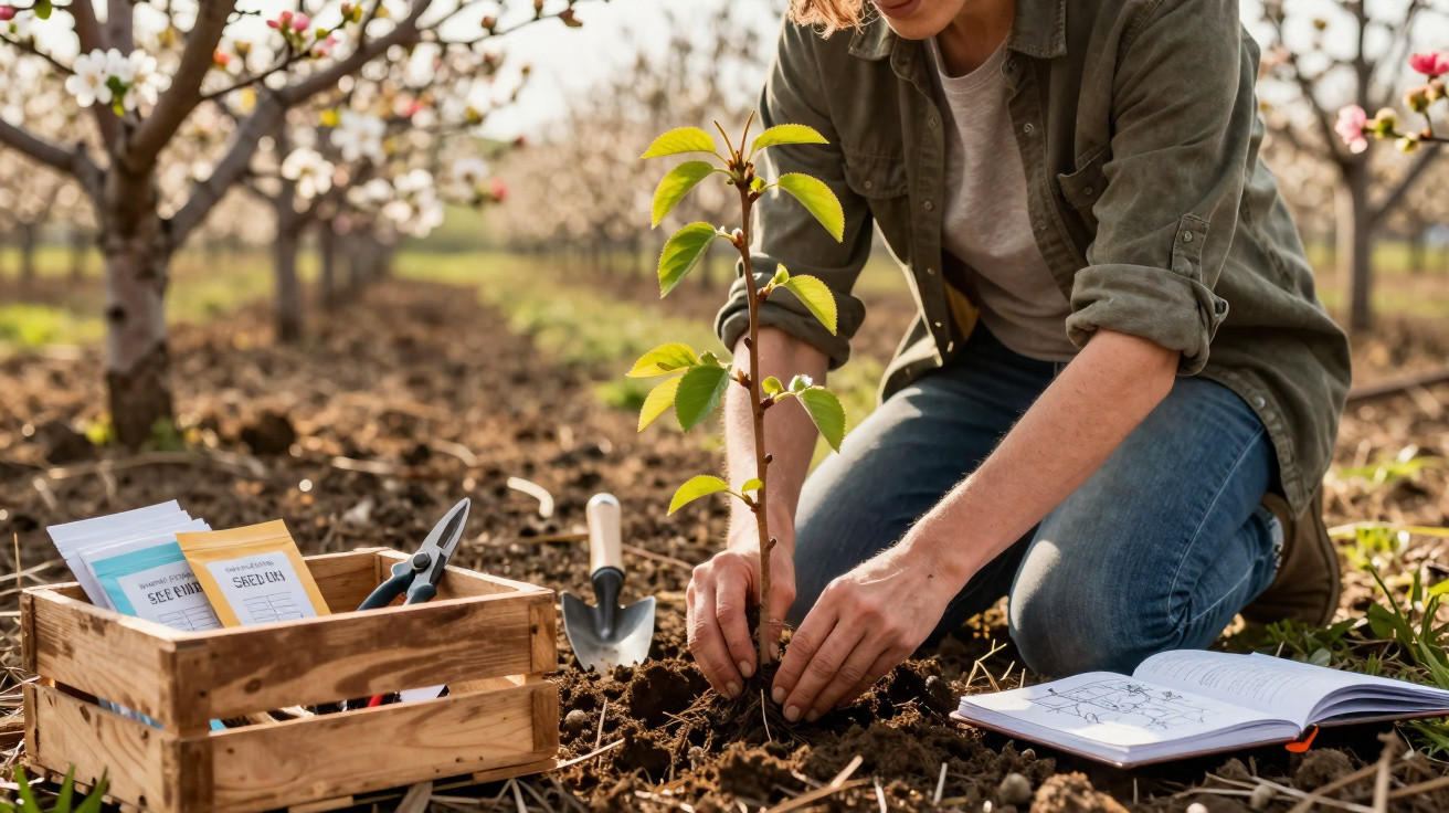 Person planting a young tree seedling in a garden with gardening tools and a book nearby.