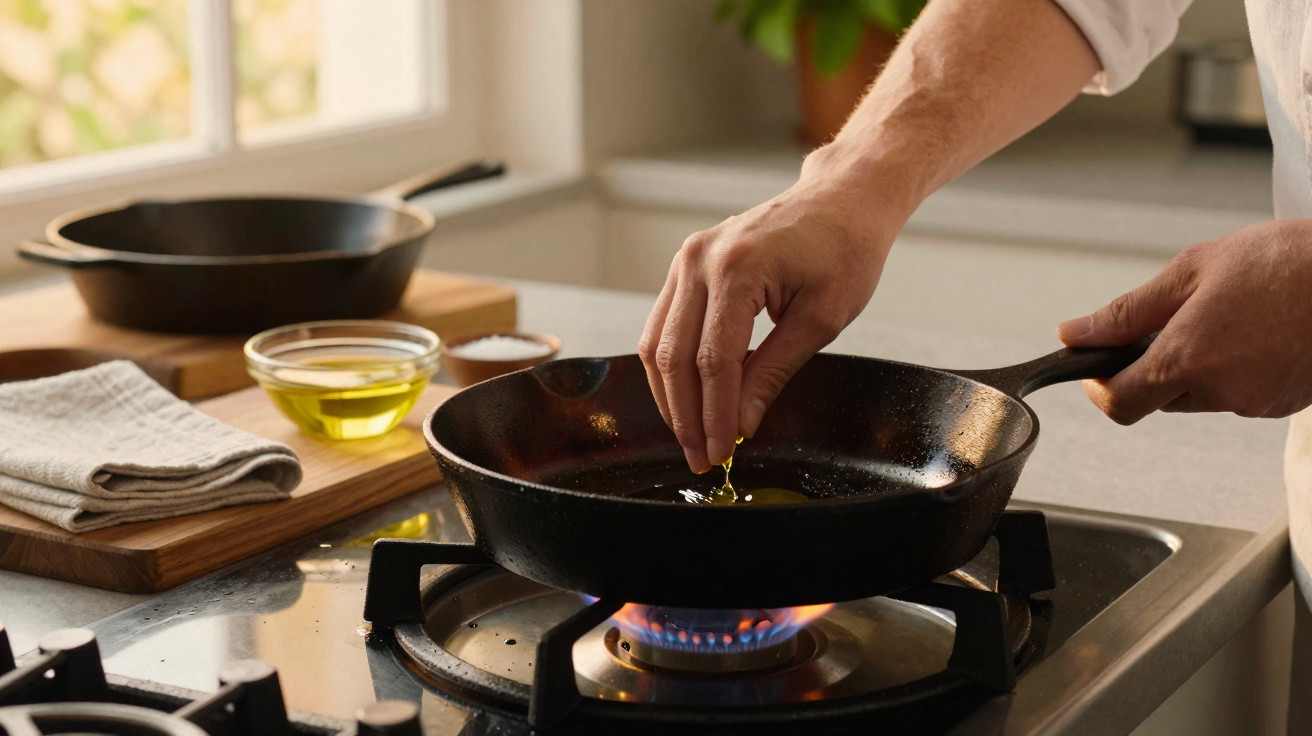 Person seasoning a hot cast iron pan on a gas stove with oil and kitchen items nearby.