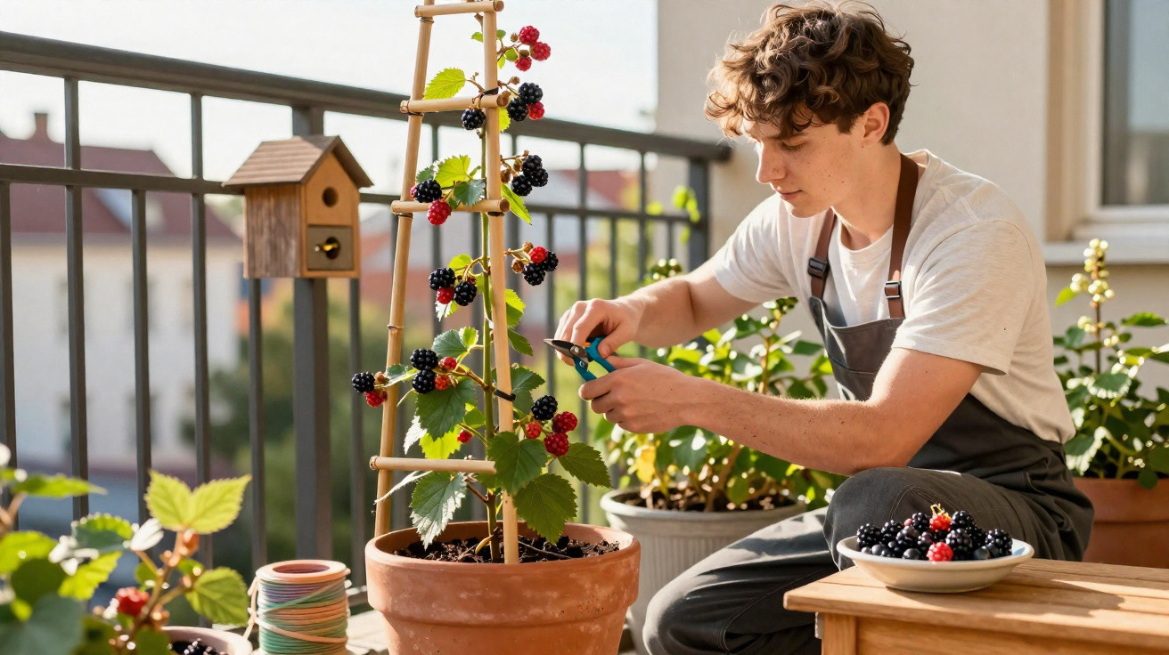 Young man pruning a blackberry plant on a balcony garden with ripe berries and a bowl of picked fruit.