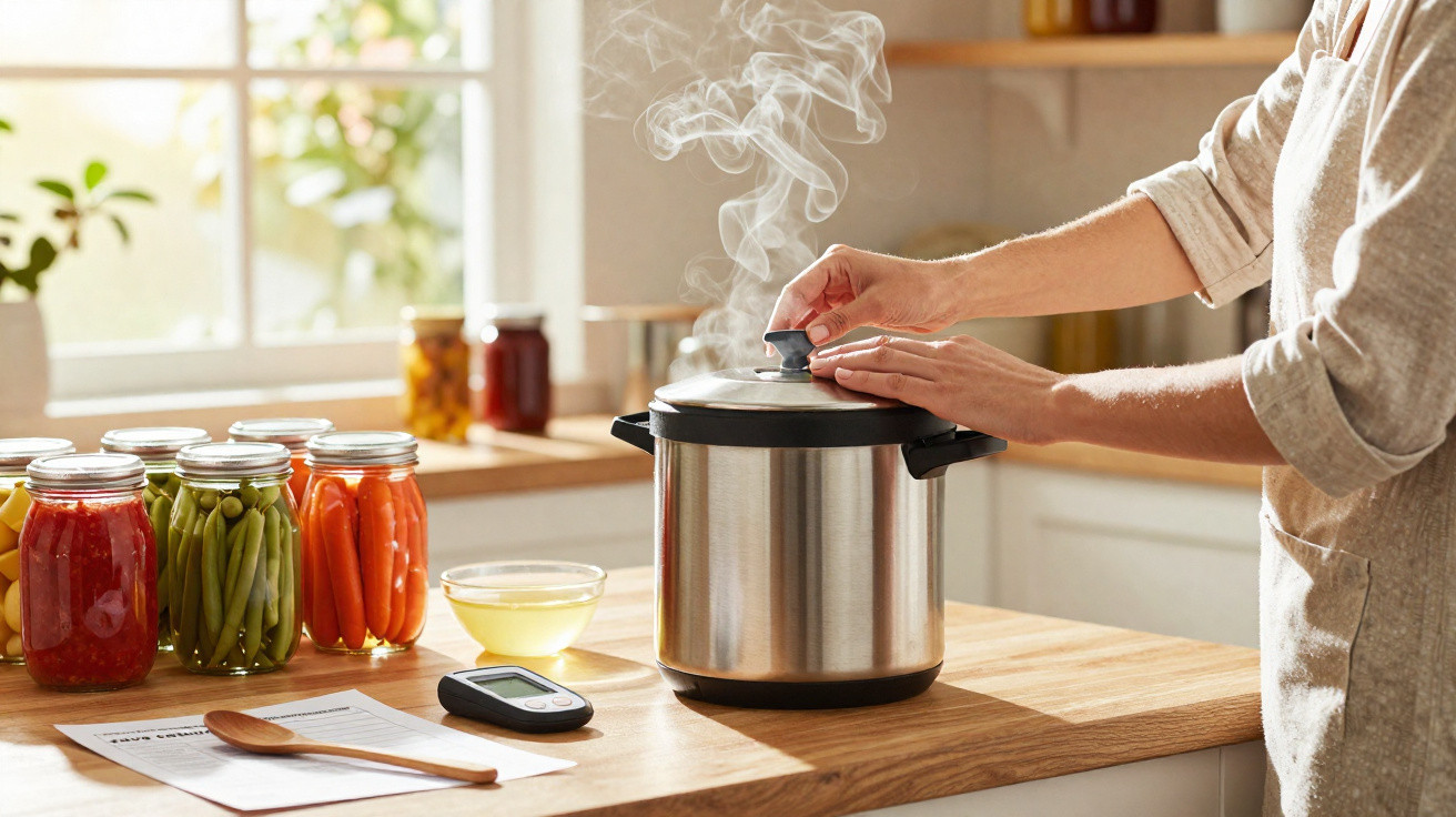 Person lifting lid off steaming pressure cooker on kitchen counter with jars of preserved vegetables nearby