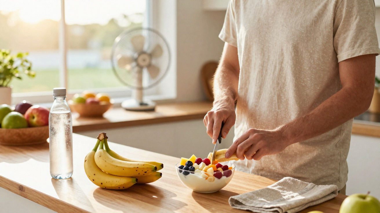 Person slicing banana over bowl of mixed fruit in sunlit kitchen on wooden counter.