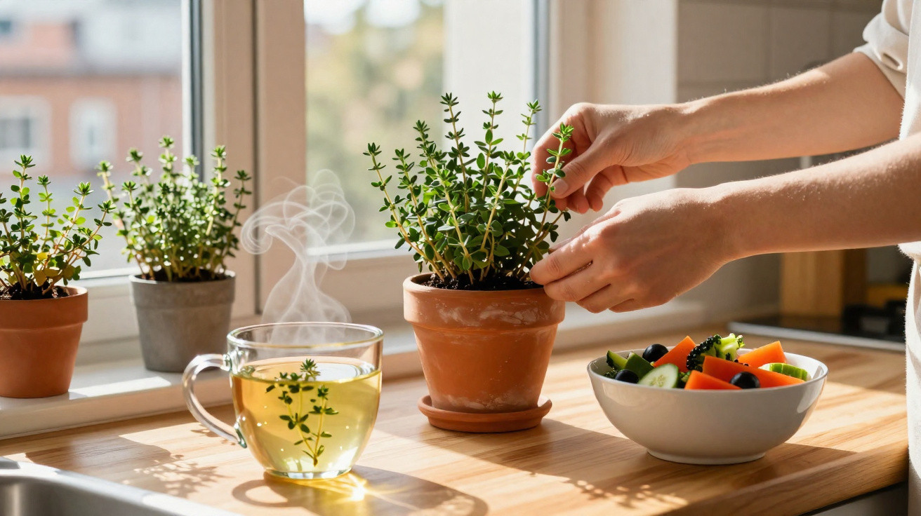 Hands harvesting fresh thyme from a pot next to a steaming cup of herbal tea and a vegetable salad bowl on a kitchen counter.