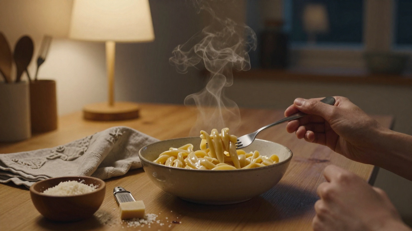 Steaming bowl of creamy macaroni and cheese with fork, grated cheese, butter, and wooden utensils on table.