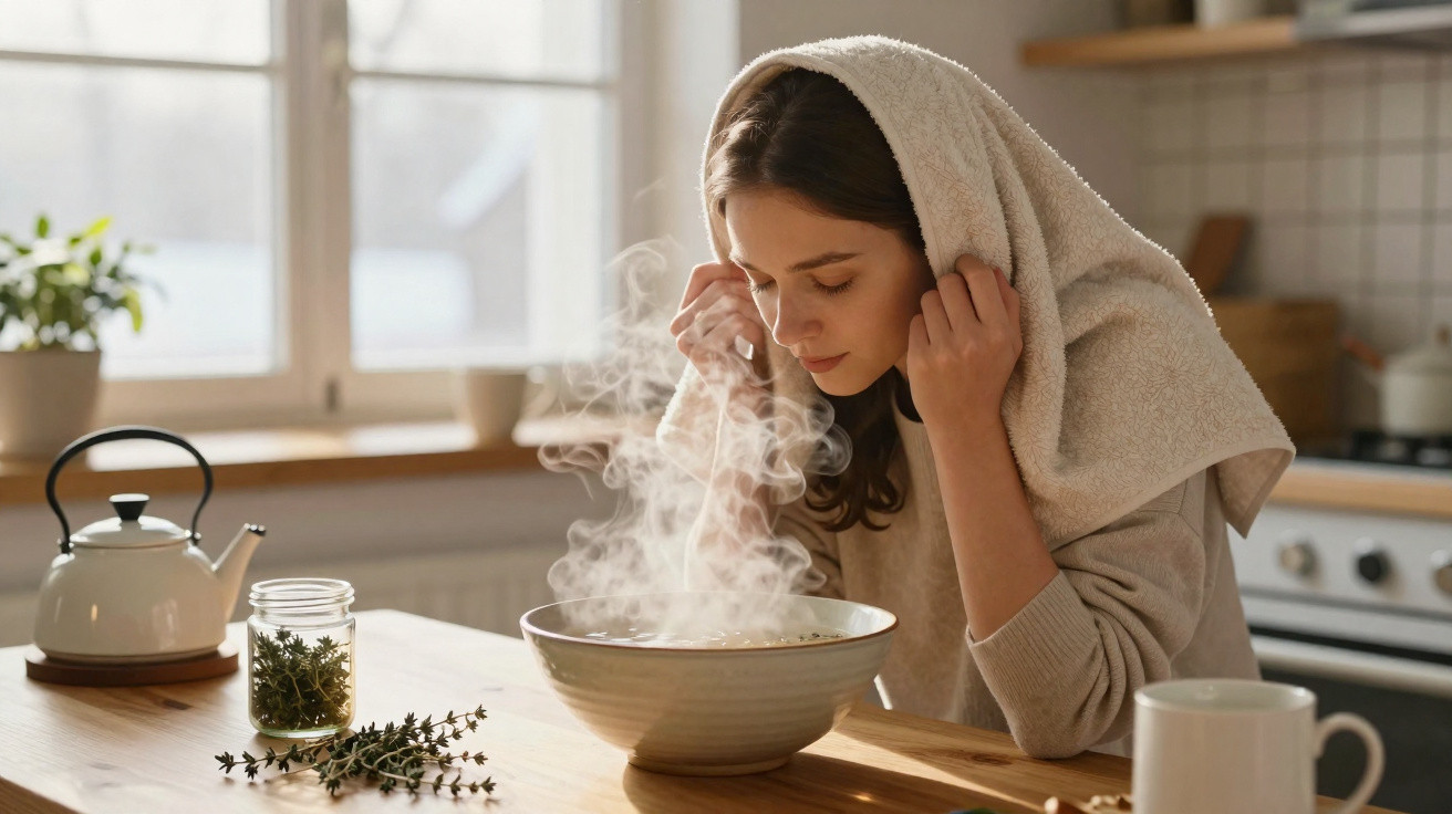 Woman with towel over head inhaling steam from a bowl of hot water with herbs on a kitchen table.