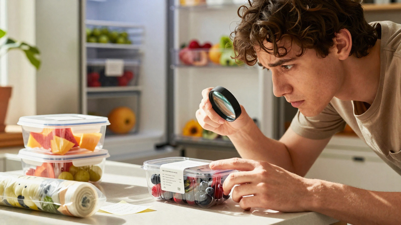 Young man examining packaged fruit with a magnifying glass in a bright kitchen.