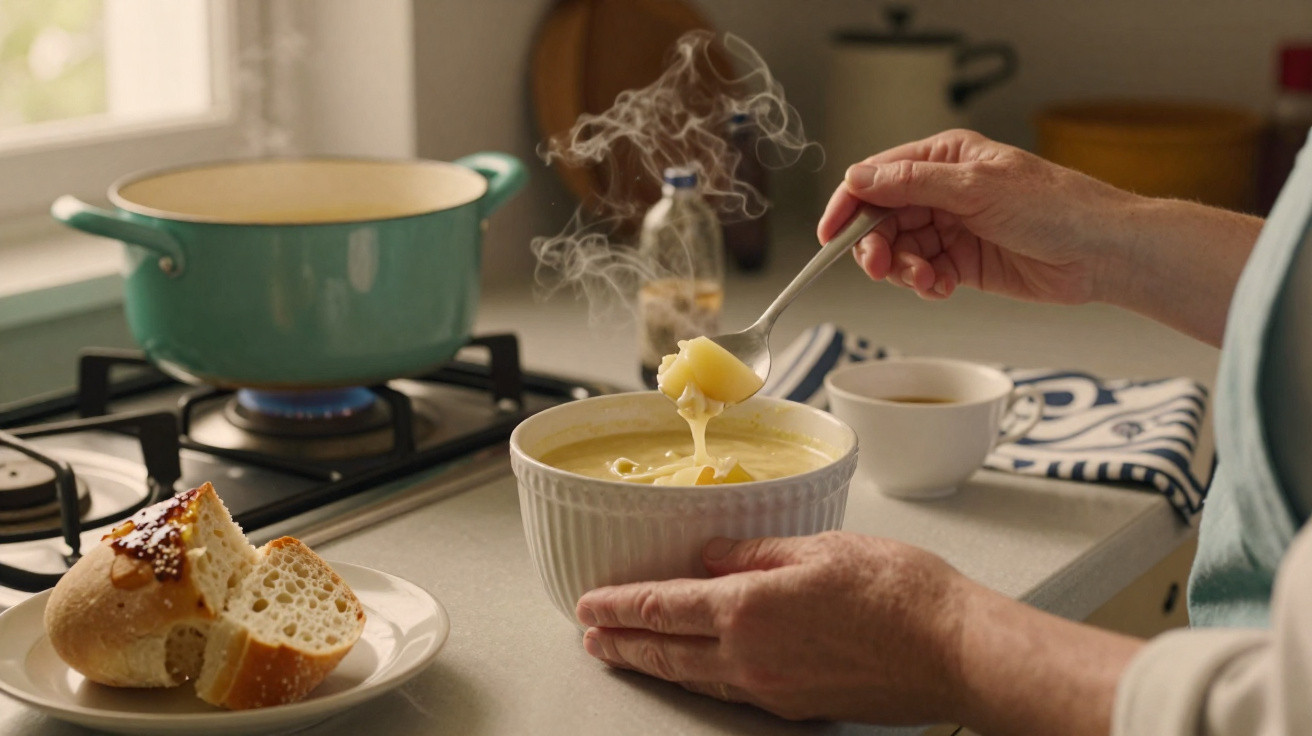 Person holding a steaming bowl of soup with bread on a plate and a pot on the stove in the background