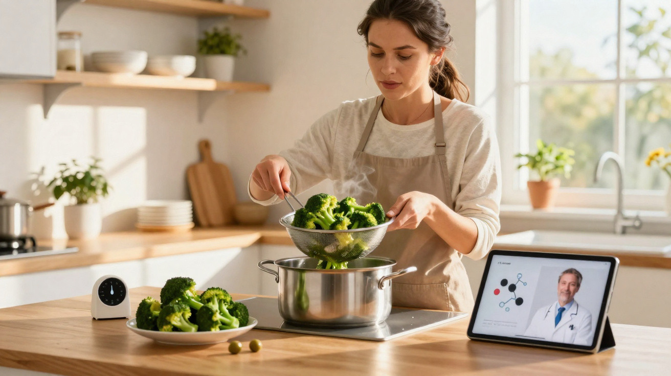 Woman cooking broccoli in a kitchen while following a virtual cooking class on a tablet.