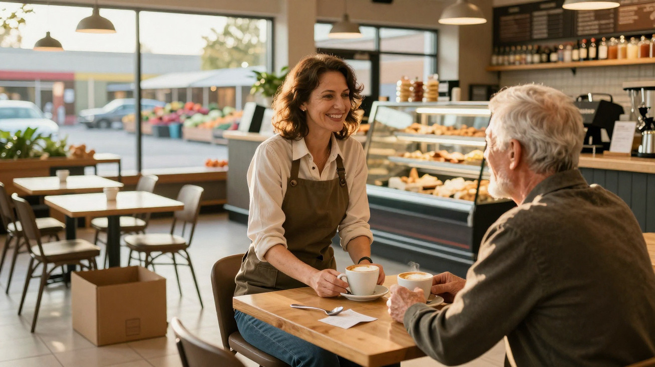 Woman in apron serving coffee to an elderly man at a wooden table inside a bright bakery café.