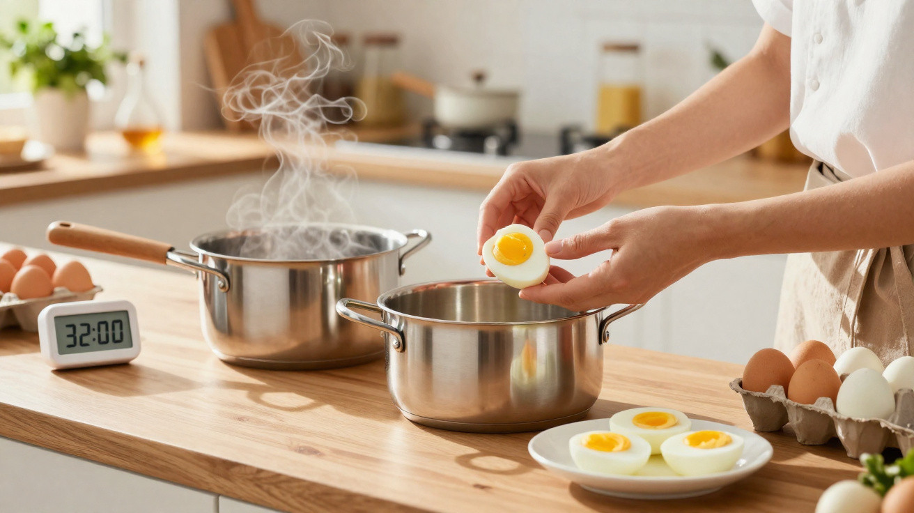 Person peeling a boiled egg over a pot with steaming water and timer showing 32 minutes on kitchen counter.